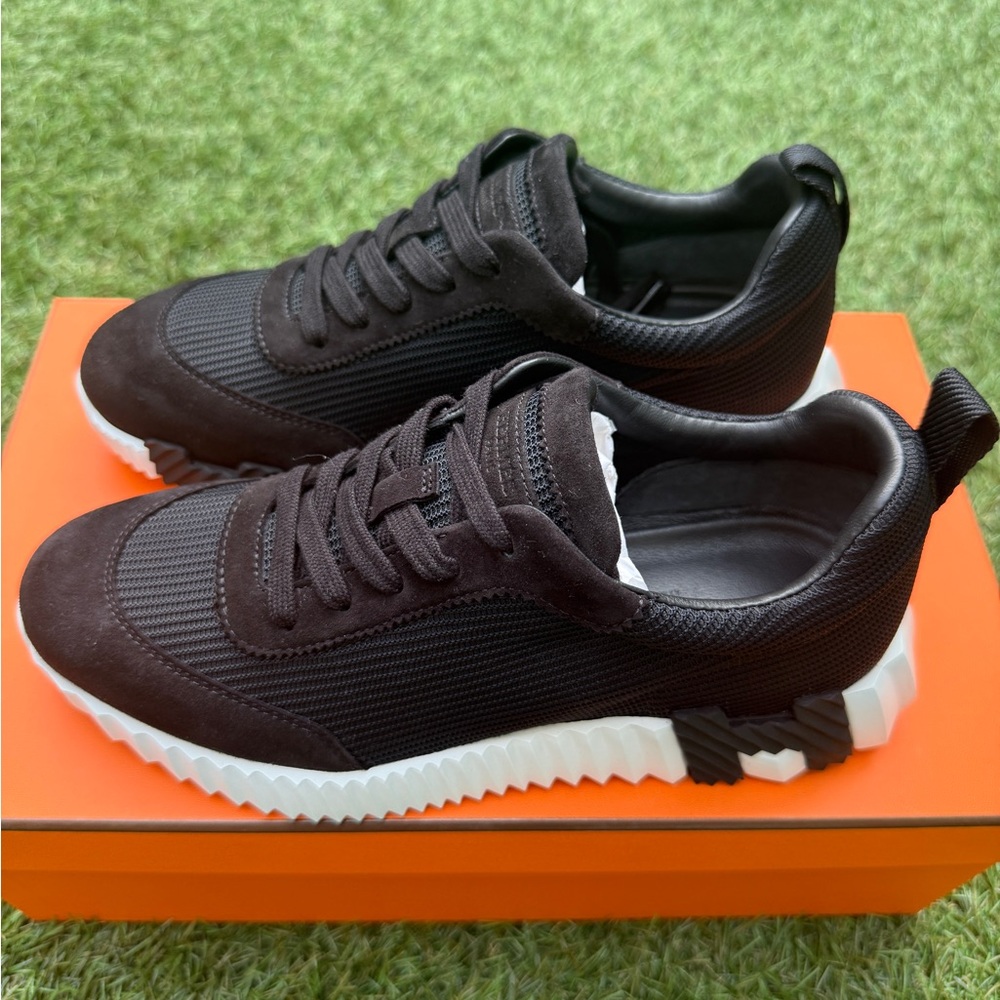 HERMES BOUNCING BLACK MESH/ SUEDE WHITE SOLE TRAINERS FASHION SNEAKERS SIZE 38 - Picture 6 of 11